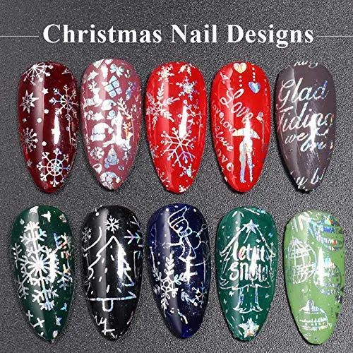 10 Sheets Snowflake Nail Foil Transfer Sticker - 3D Holographic Laser Winter Nail Art Stickers Decals Snowflake Flower Xmas Elk Christmas Foils Transfer DIY Manicure Nail Decorations for Women Girls