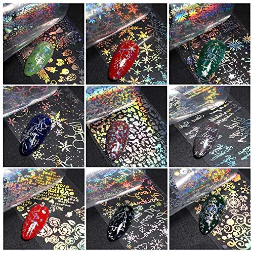 10 Sheets Snowflake Nail Foil Transfer Sticker - 3D Holographic Laser Winter Nail Art Stickers Decals Snowflake Flower Xmas Elk Christmas Foils Transfer DIY Manicure Nail Decorations for Women Girls