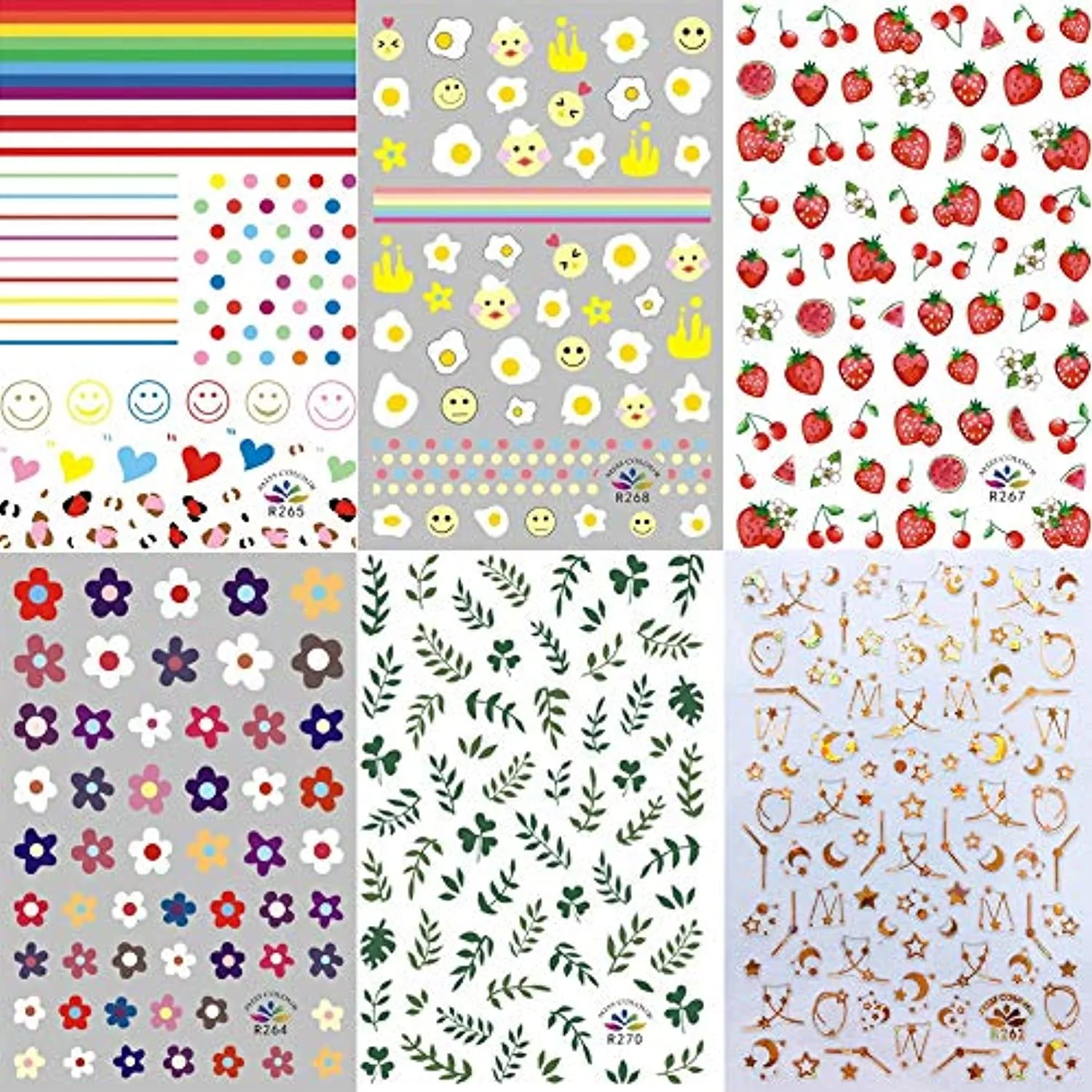 1000  Patterns Nail Art Stickers Decals for Women Kids, Kalolary 3D Self-Adhesive Spring Stickers Flower Fruit Plant Stars Moon Smiling Face for Girls Manicure Salon Gift for Women Girl(12 Sheets)