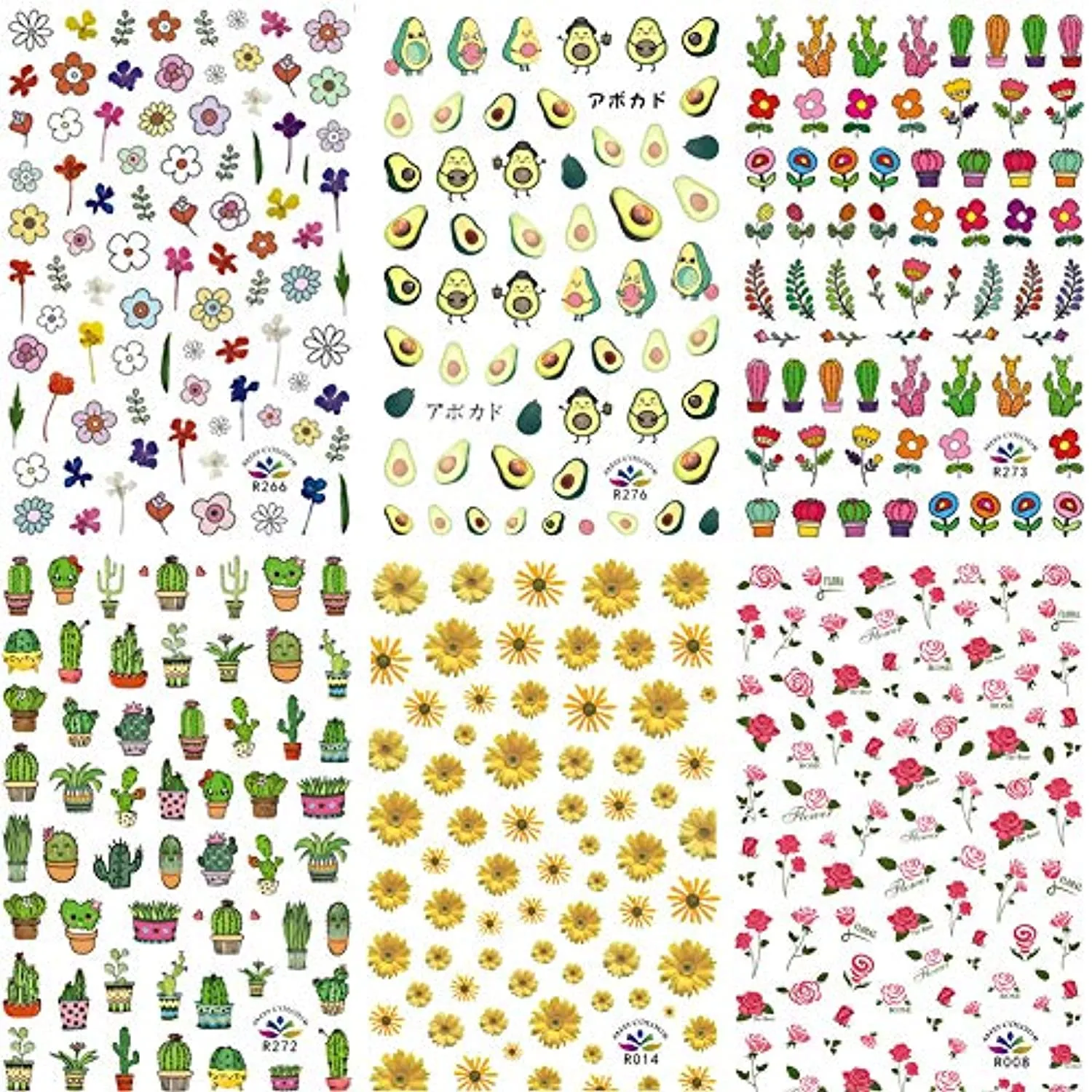 1000  Patterns Nail Art Stickers Decals for Women Kids, Kalolary 3D Self-Adhesive Spring Stickers Flower Fruit Plant Stars Moon Smiling Face for Girls Manicure Salon Gift for Women Girl(12 Sheets)
