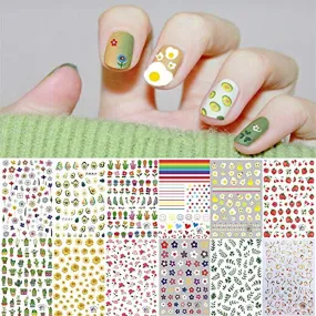 1000  Patterns Nail Art Stickers Decals for Women Kids, Kalolary 3D Self-Adhesive Spring Stickers Flower Fruit Plant Stars Moon Smiling Face for Girls Manicure Salon Gift for Women Girl(12 Sheets)