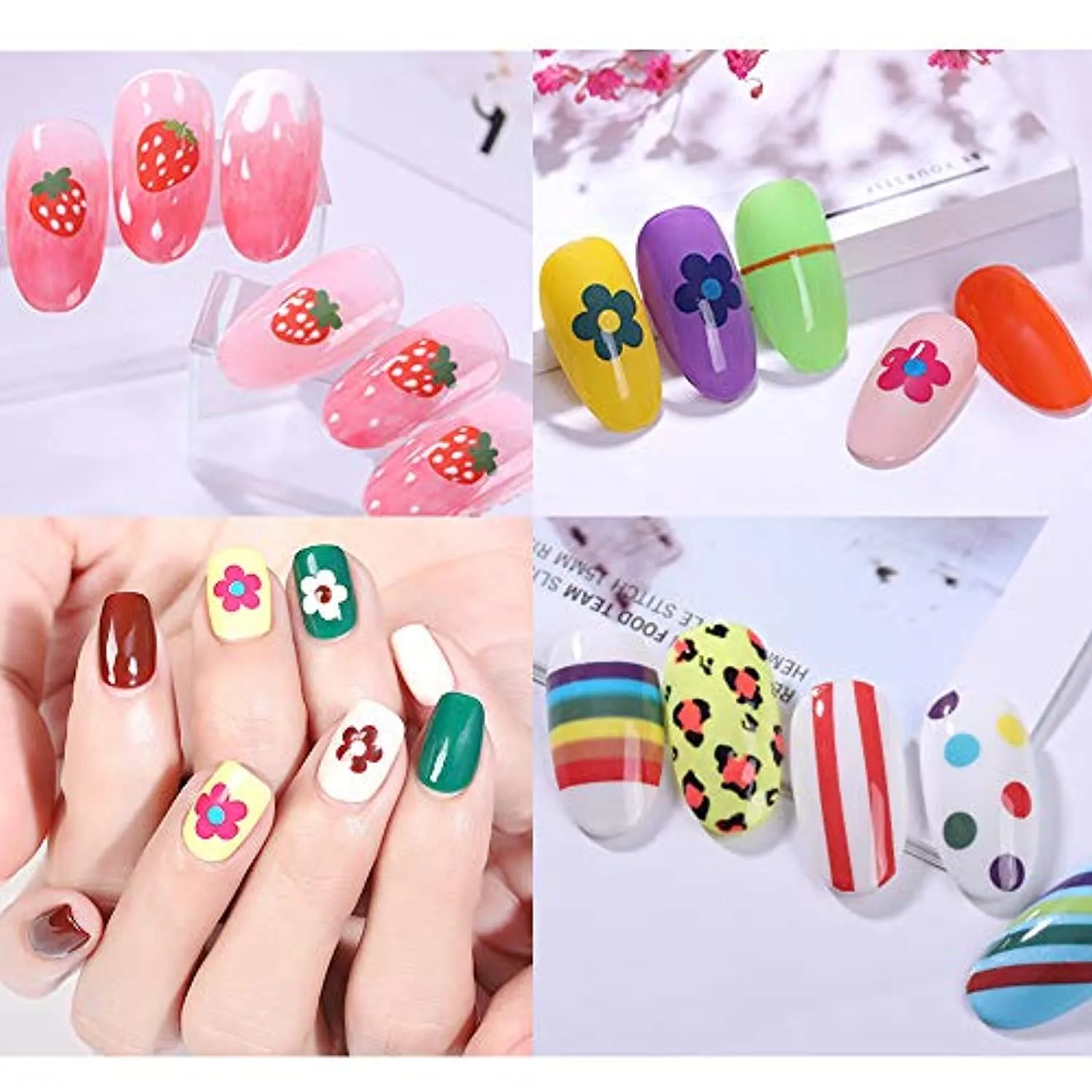 1000  Patterns Nail Art Stickers Decals for Women Kids, Kalolary 3D Self-Adhesive Spring Stickers Flower Fruit Plant Stars Moon Smiling Face for Girls Manicure Salon Gift for Women Girl(12 Sheets)