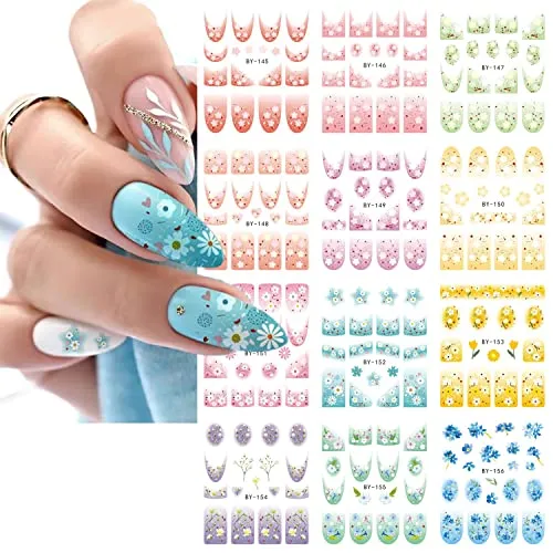 12 Sheets Flower Nail Art Sticker Decals Spring Summer Water Transfer Nail Stickers for Nail Art with Watermark French Tips Designs Nail Decals Watercolor Floral Nail Supplies for Women Girls DIY