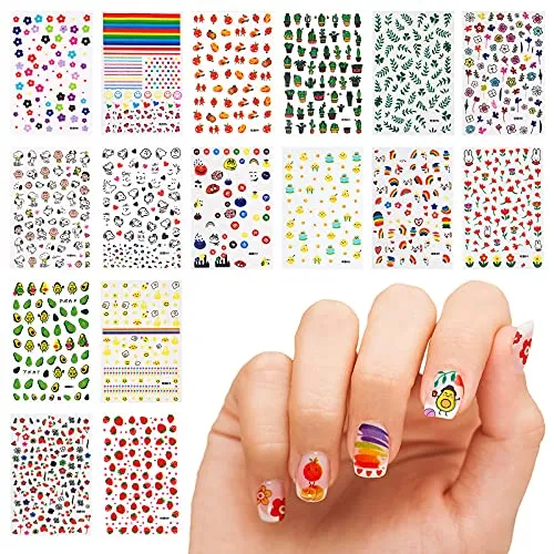 16 Sheet 3D Nail Decals Stickers, Self-Adhesive DIY Nail Art Decoration Set Including Cartoons Flowers Leaves Plants Fruits Patterns for Women Girls
