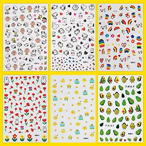 16 Sheet 3D Nail Decals Stickers, Self-Adhesive DIY Nail Art Decoration Set Including Cartoons Flowers Leaves Plants Fruits Patterns for Women Girls