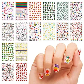 16 Sheet 3D Nail Decals Stickers, Self-Adhesive DIY Nail Art Decoration Set Including Cartoons Flowers Leaves Plants Fruits Patterns for Women Girls