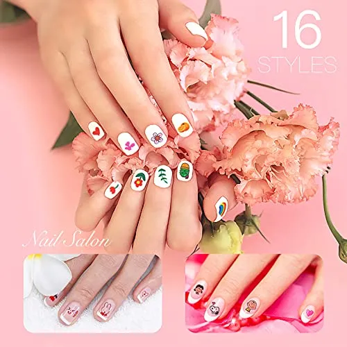 16 Sheet 3D Nail Decals Stickers, Self-Adhesive DIY Nail Art Decoration Set Including Cartoons Flowers Leaves Plants Fruits Patterns for Women Girls