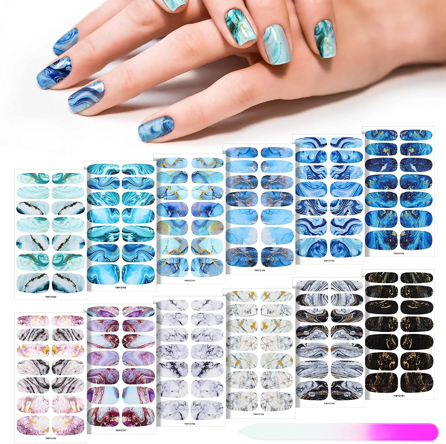 168 Pieces 12 Sheets Gradient Marble Full Nail Stickers Marble Printed Full Wrap Nail Stickers Self-Adhesive Nail Art Decal Strips with Glass Nail File for Women Girls DIY Nail Art (Chic Style)