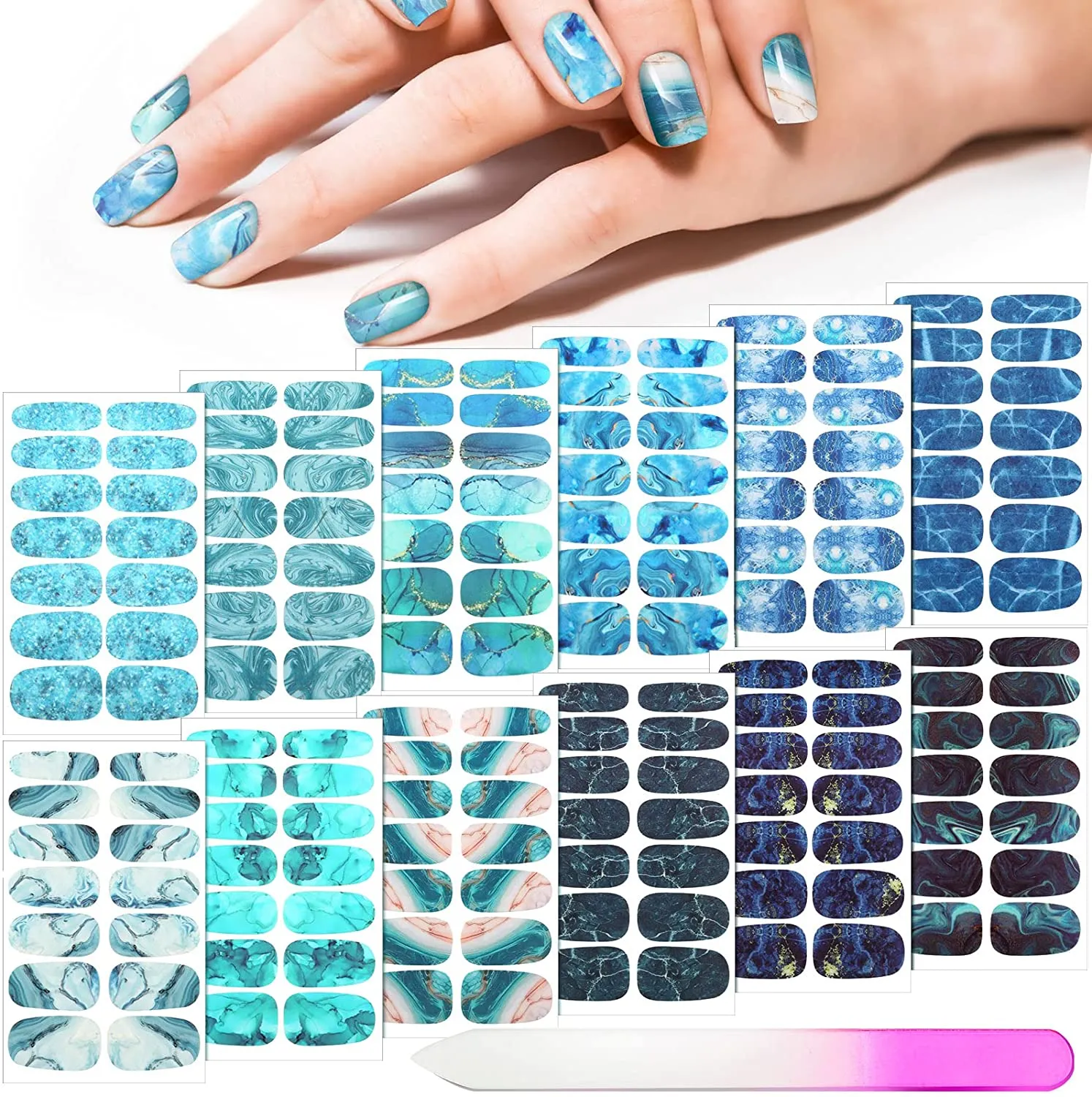 168 Pieces 12 Sheets Gradient Marble Full Nail Stickers Marble Printed Full Wrap Nail Stickers Self-Adhesive Nail Art Decal Strips with Glass Nail File for Women Girls DIY Nail Art (Chic Style)