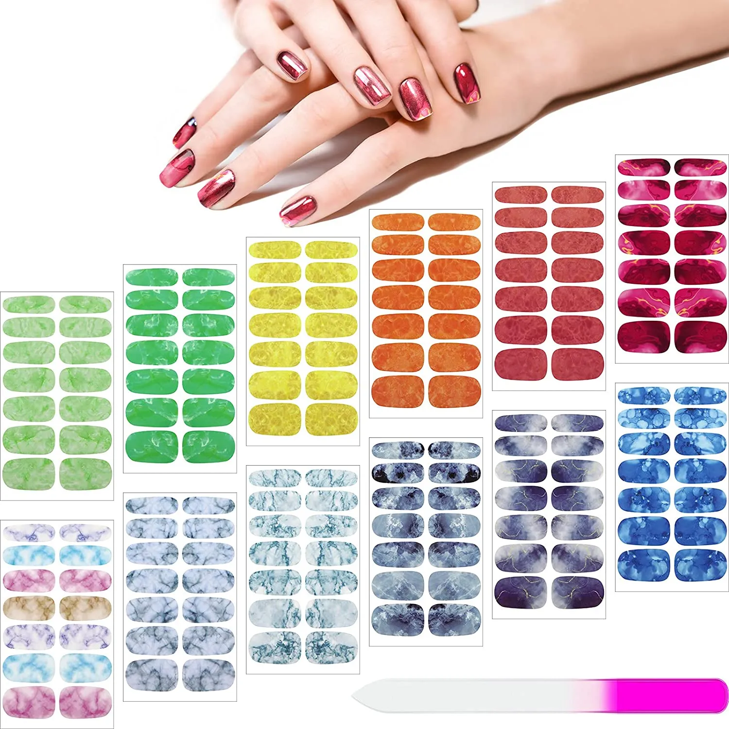 168 Pieces 12 Sheets Gradient Marble Full Nail Stickers Marble Printed Full Wrap Nail Stickers Self-Adhesive Nail Art Decal Strips with Glass Nail File for Women Girls DIY Nail Art (Chic Style)