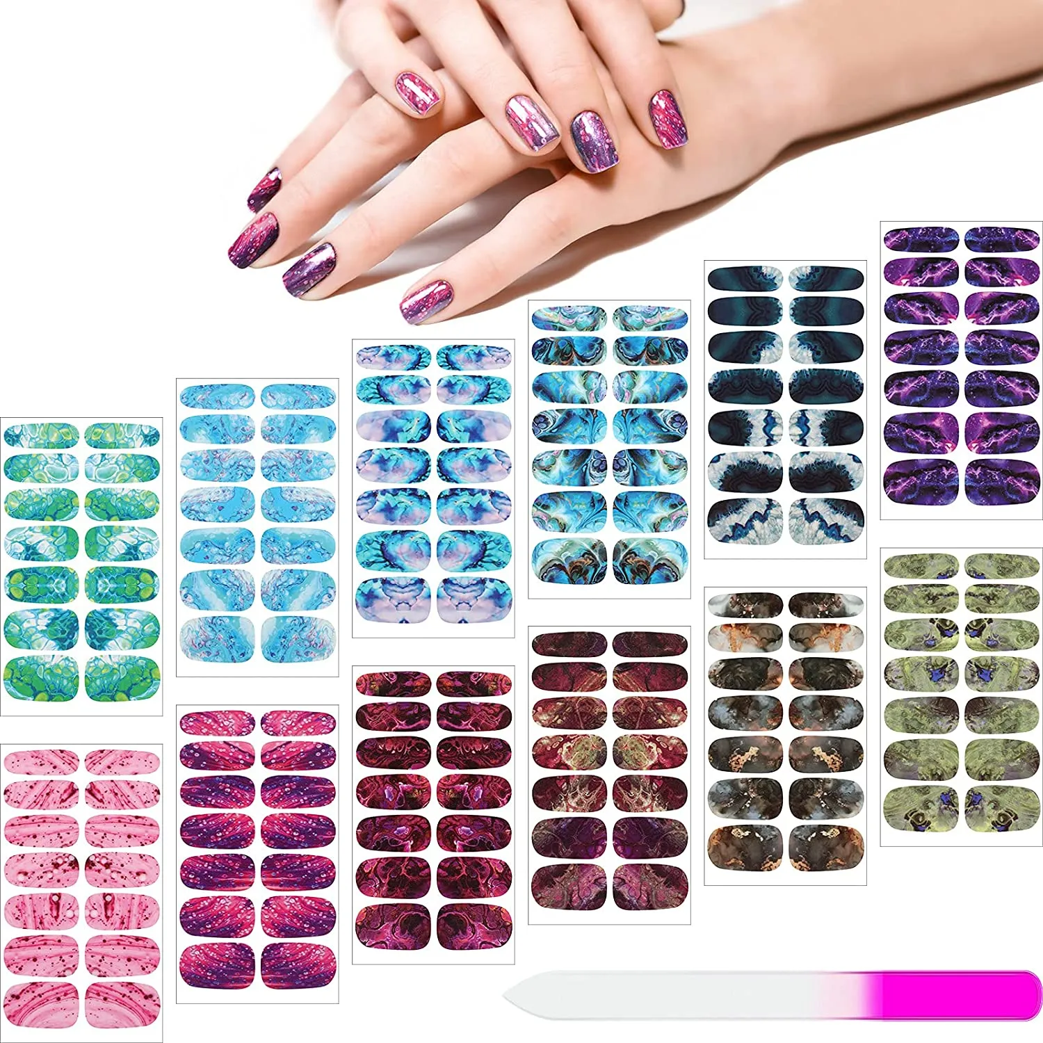 168 Pieces 12 Sheets Gradient Marble Full Nail Stickers Marble Printed Full Wrap Nail Stickers Self-Adhesive Nail Art Decal Strips with Glass Nail File for Women Girls DIY Nail Art (Chic Style)