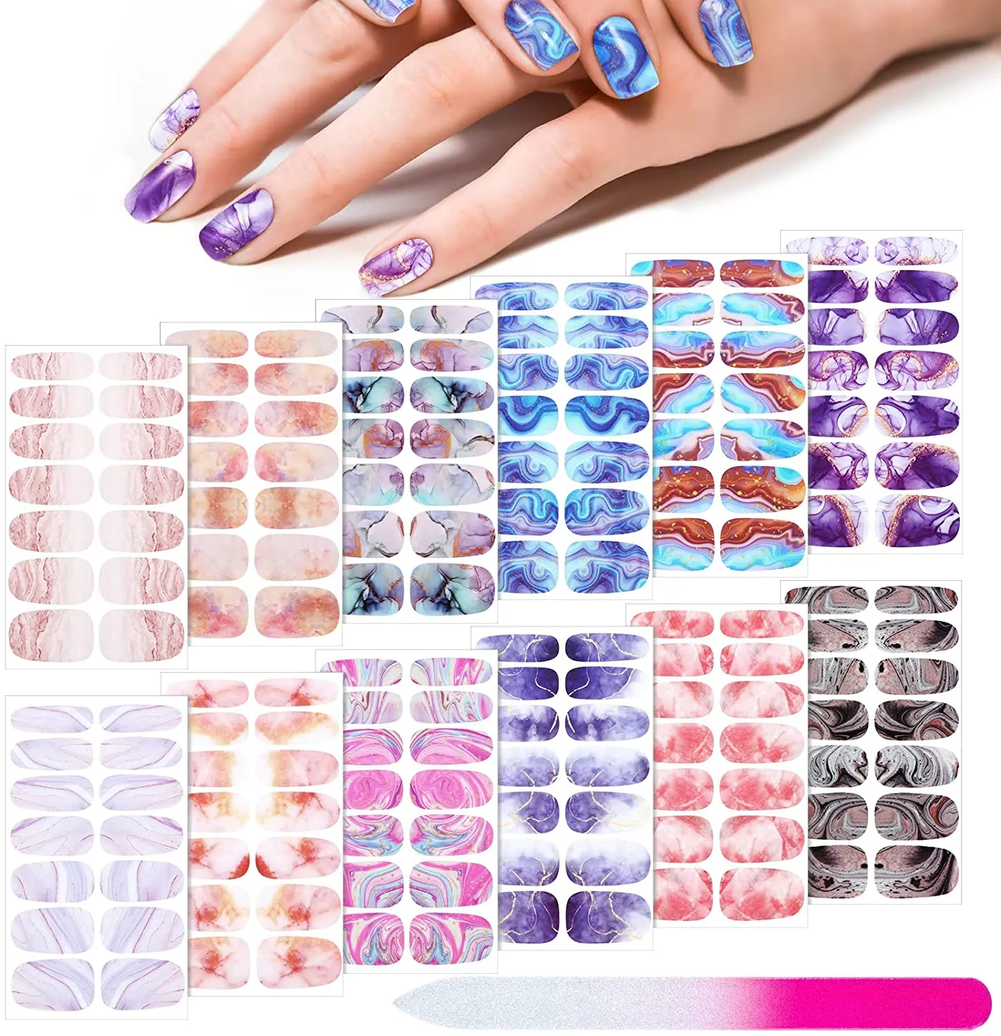 168 Pieces 12 Sheets Gradient Marble Full Nail Stickers Marble Printed Full Wrap Nail Stickers Self-Adhesive Nail Art Decal Strips with Glass Nail File for Women Girls DIY Nail Art (Chic Style)