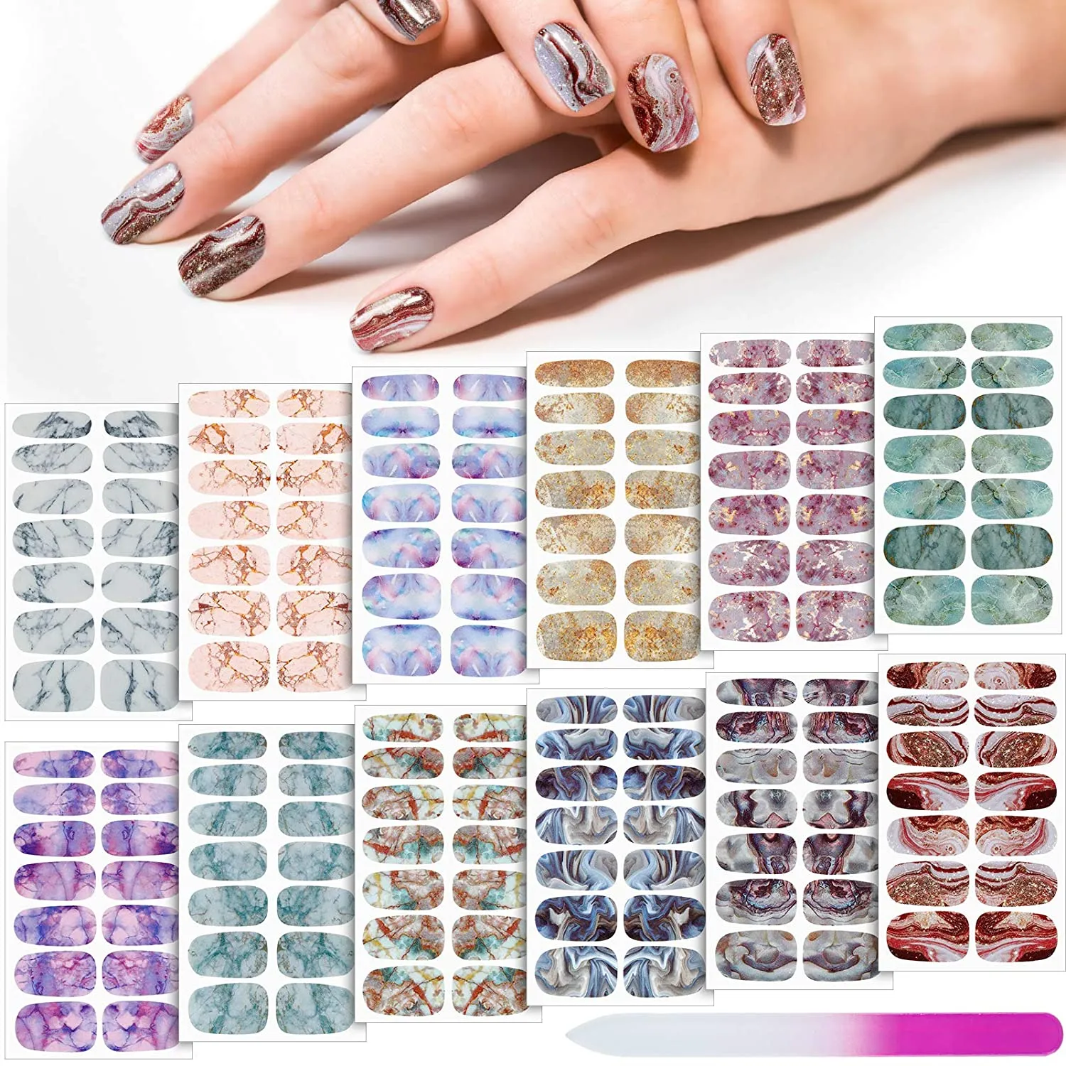 168 Pieces 12 Sheets Gradient Marble Full Nail Stickers Marble Printed Full Wrap Nail Stickers Self-Adhesive Nail Art Decal Strips with Glass Nail File for Women Girls DIY Nail Art (Chic Style)