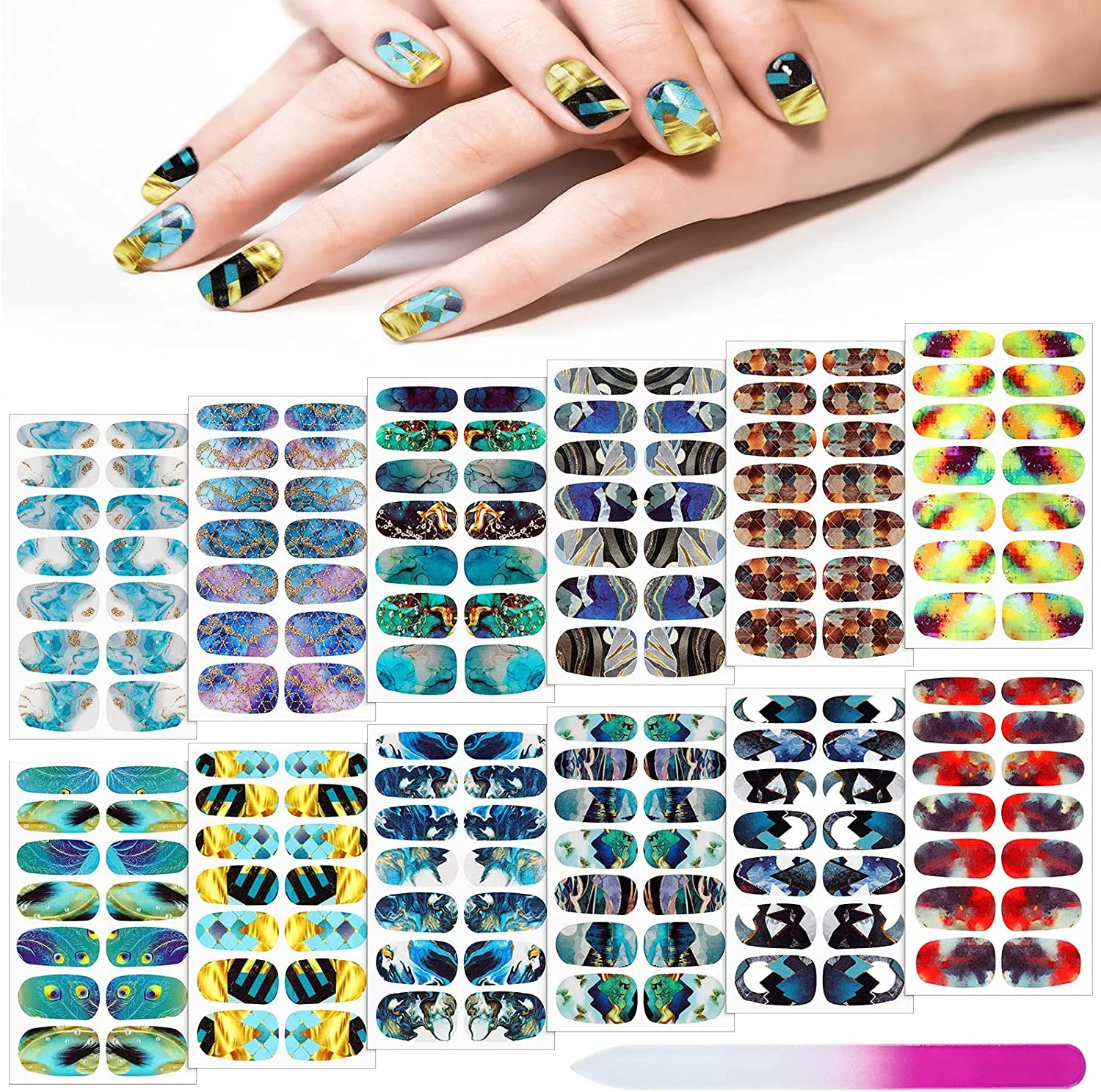 168 Pieces 12 Sheets Gradient Marble Full Nail Stickers Marble Printed Full Wrap Nail Stickers Self-Adhesive Nail Art Decal Strips with Glass Nail File for Women Girls DIY Nail Art (Chic Style)