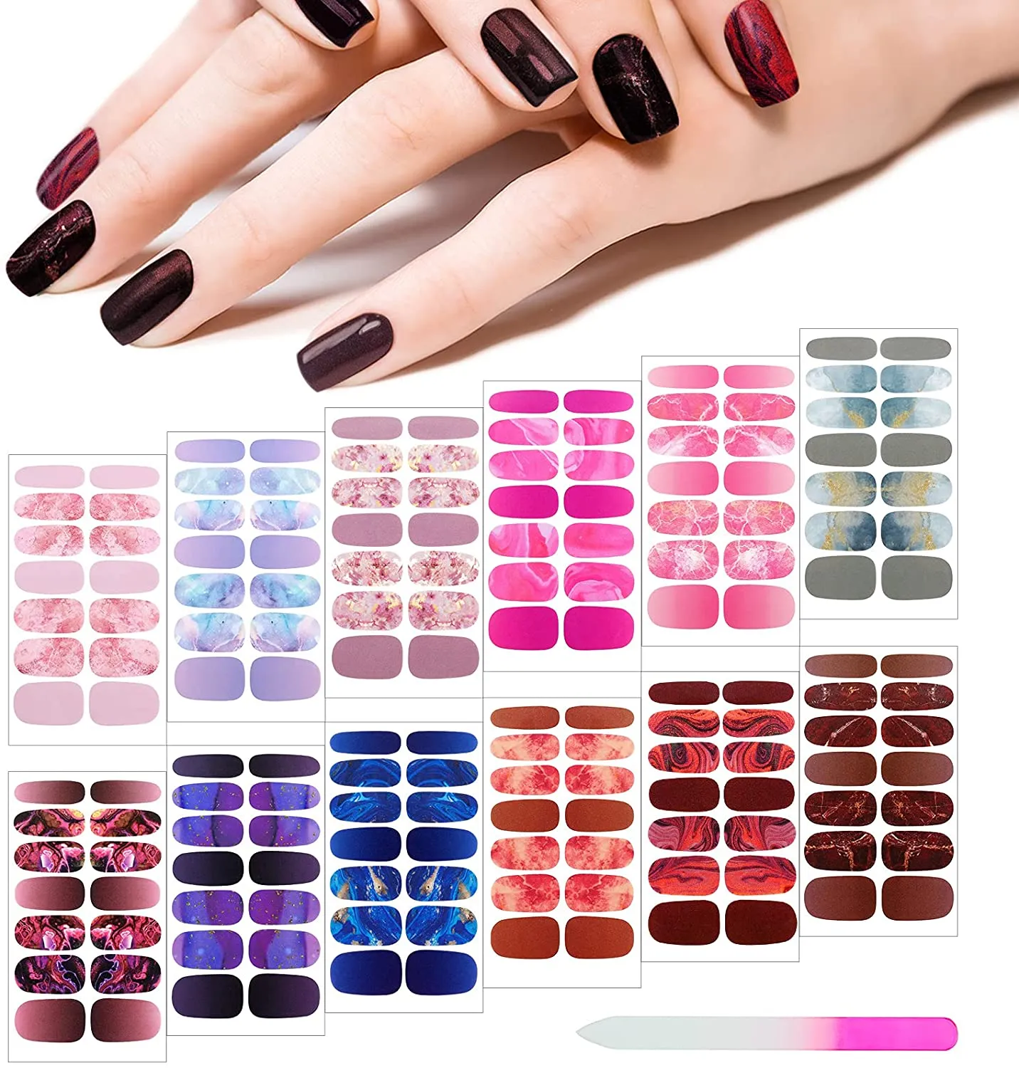 168 Pieces 12 Sheets Gradient Marble Full Nail Stickers Marble Printed Full Wrap Nail Stickers Self-Adhesive Nail Art Decal Strips with Glass Nail File for Women Girls DIY Nail Art (Chic Style)
