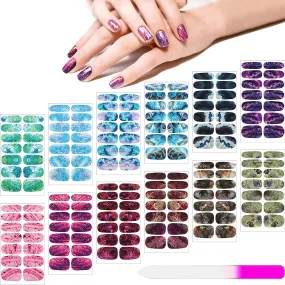 168 Pieces 12 Sheets Gradient Marble Full Nail Stickers Marble Printed Full Wrap Nail Stickers Self-Adhesive Nail Art Decal Strips with Glass Nail File for Women Girls DIY Nail Art (Chic Style)