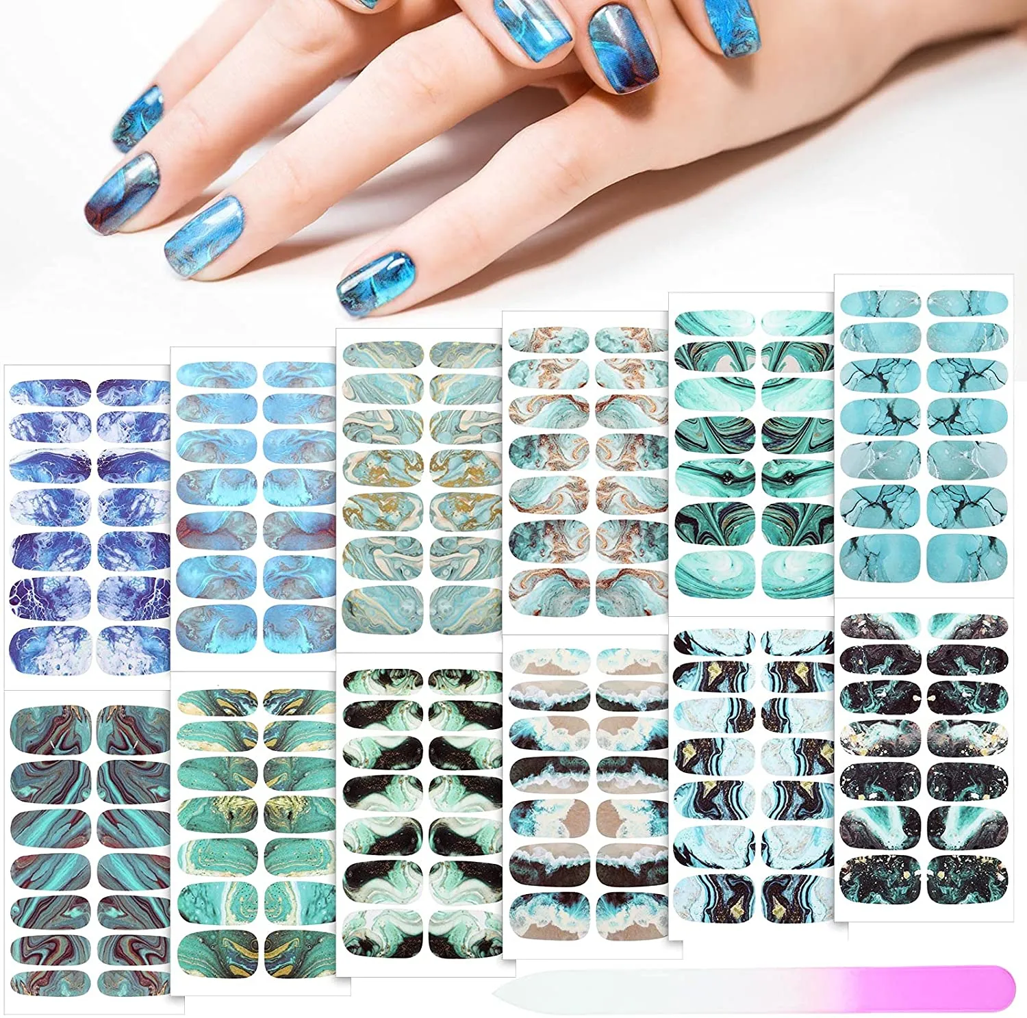 168 Pieces 12 Sheets Gradient Marble Full Nail Stickers Marble Printed Full Wrap Nail Stickers Self-Adhesive Nail Art Decal Strips with Glass Nail File for Women Girls DIY Nail Art (Chic Style)