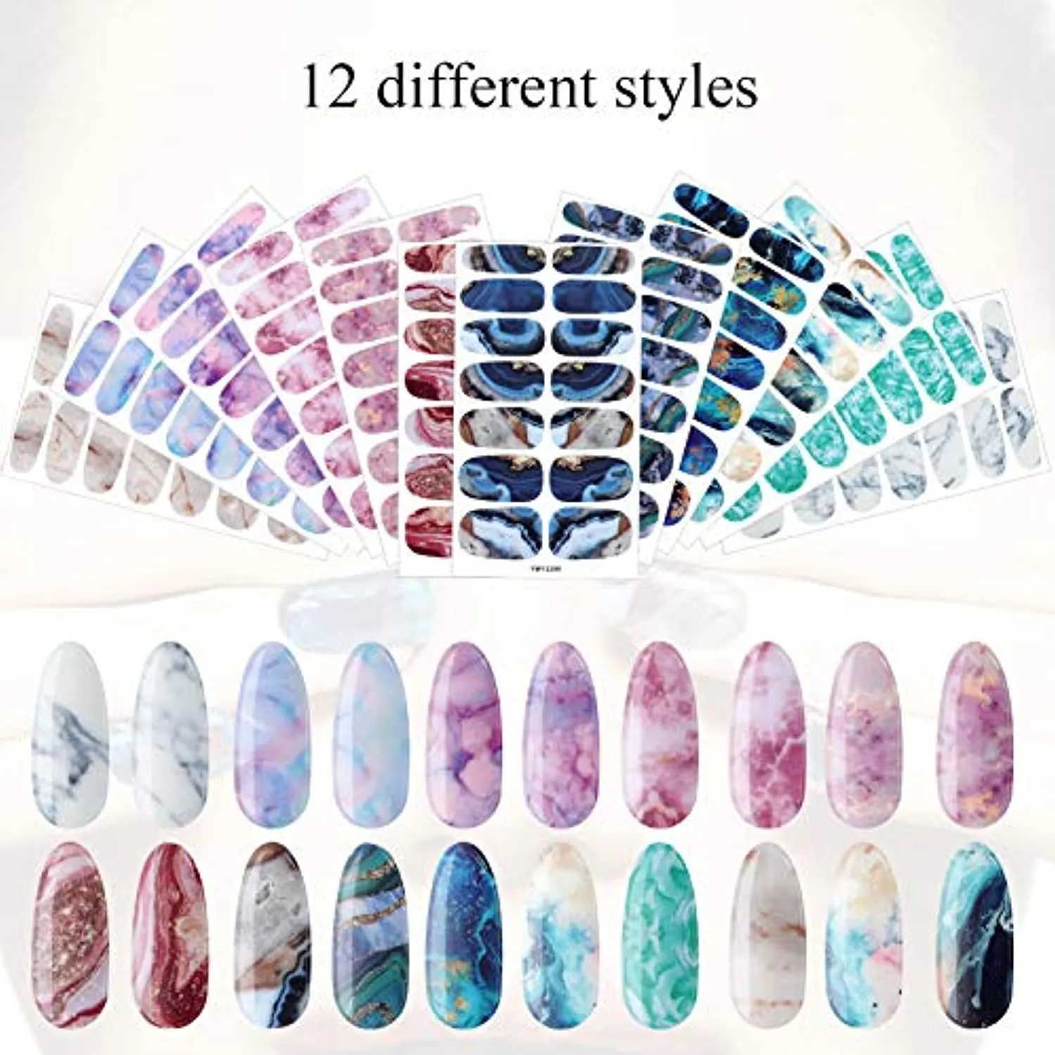 168 Pieces 12 Sheets Gradient Marble Full Nail Stickers Marble Printed Full Wrap Nail Stickers Self-Adhesive Nail Art Decal Strips with Glass Nail File for Women Girls DIY Nail Art (Chic Style)