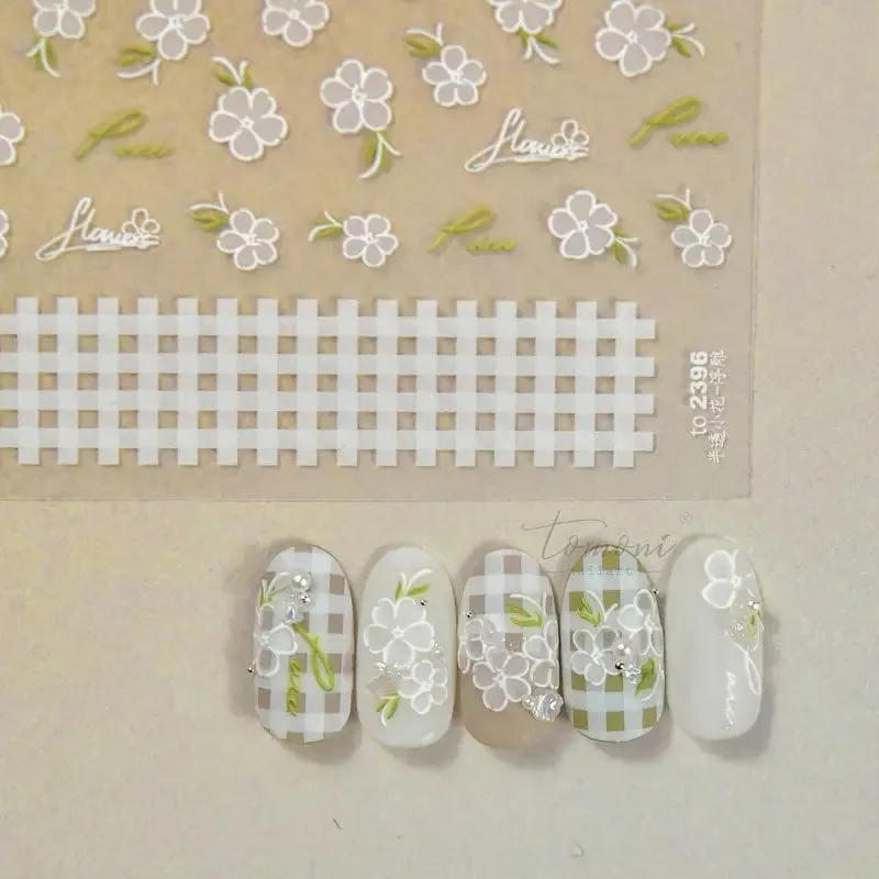 5D Flowers Nail Art Stickers | Self-Adhesive Nail Decals Relief Holographic Nail Manicure Decoration For Women Girls | White