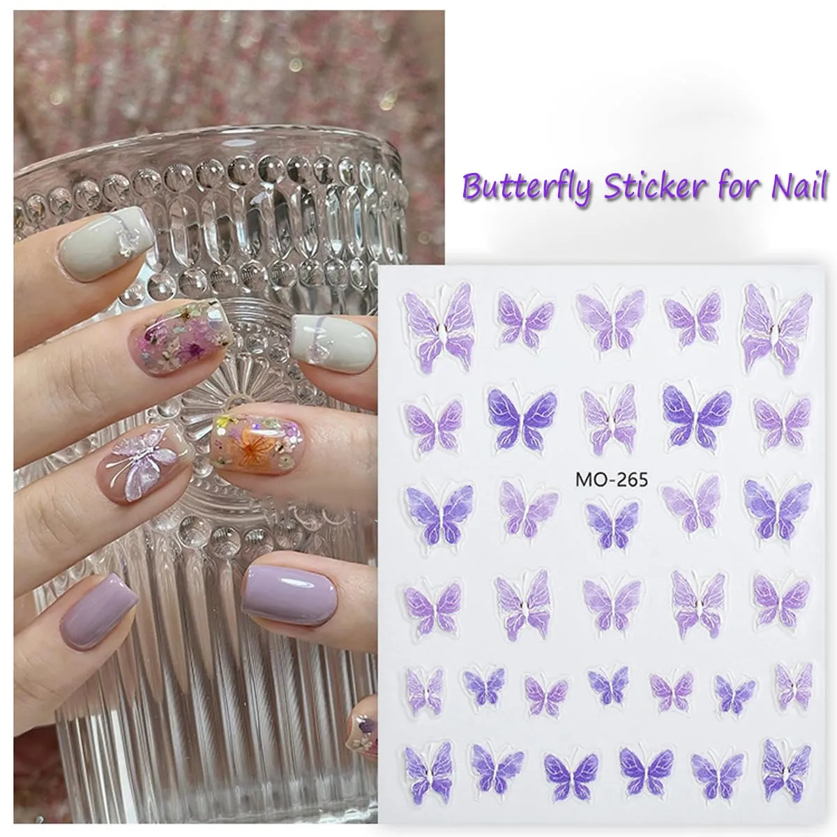 5D Glitter Butterfly Nail Art Stickers Purple Aurora Shell Nail Decals Self Adhesive Spring Butterflies Stickers for Nails Design Transfer Butterfly Charms DIY Manicure Nail Art Decoration for Women