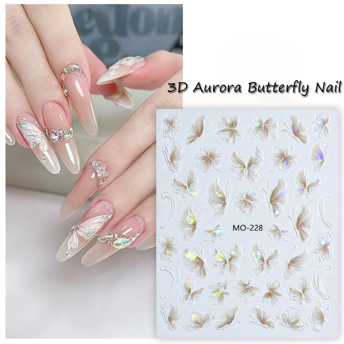 5D Glitter Butterfly Nail Art Stickers Purple Aurora Shell Nail Decals Self Adhesive Spring Butterflies Stickers for Nails Design Transfer Butterfly Charms DIY Manicure Nail Art Decoration for Women
