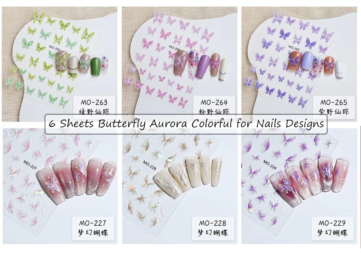 5D Glitter Butterfly Nail Art Stickers Purple Aurora Shell Nail Decals Self Adhesive Spring Butterflies Stickers for Nails Design Transfer Butterfly Charms DIY Manicure Nail Art Decoration for Women