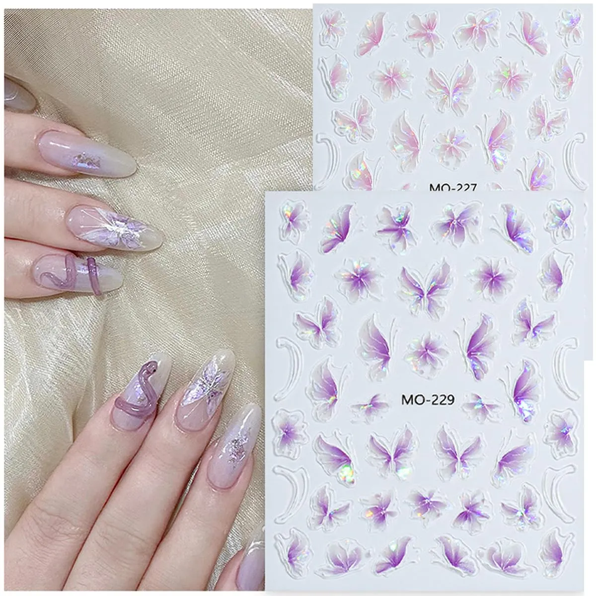 5D Glitter Butterfly Nail Art Stickers Purple Aurora Shell Nail Decals Self Adhesive Spring Butterflies Stickers for Nails Design Transfer Butterfly Charms DIY Manicure Nail Art Decoration for Women