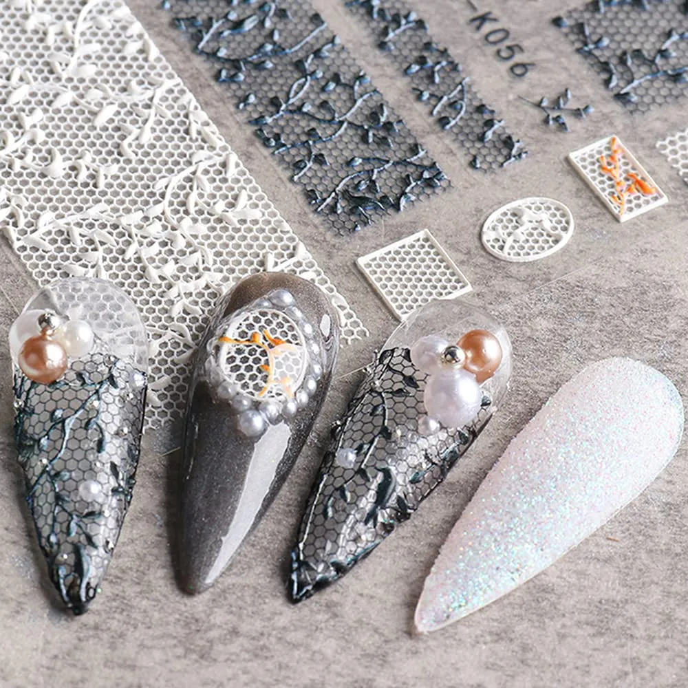 5D Nail Art Stickers Lace Flower Nail Decals Stereoscopic Embossed Designer Nail Stickers Self-Adhesive Nail Art Supplies Sliders 3D Nail Designs for Women Girls Acrylic Nails Decorations (6 Sheets)