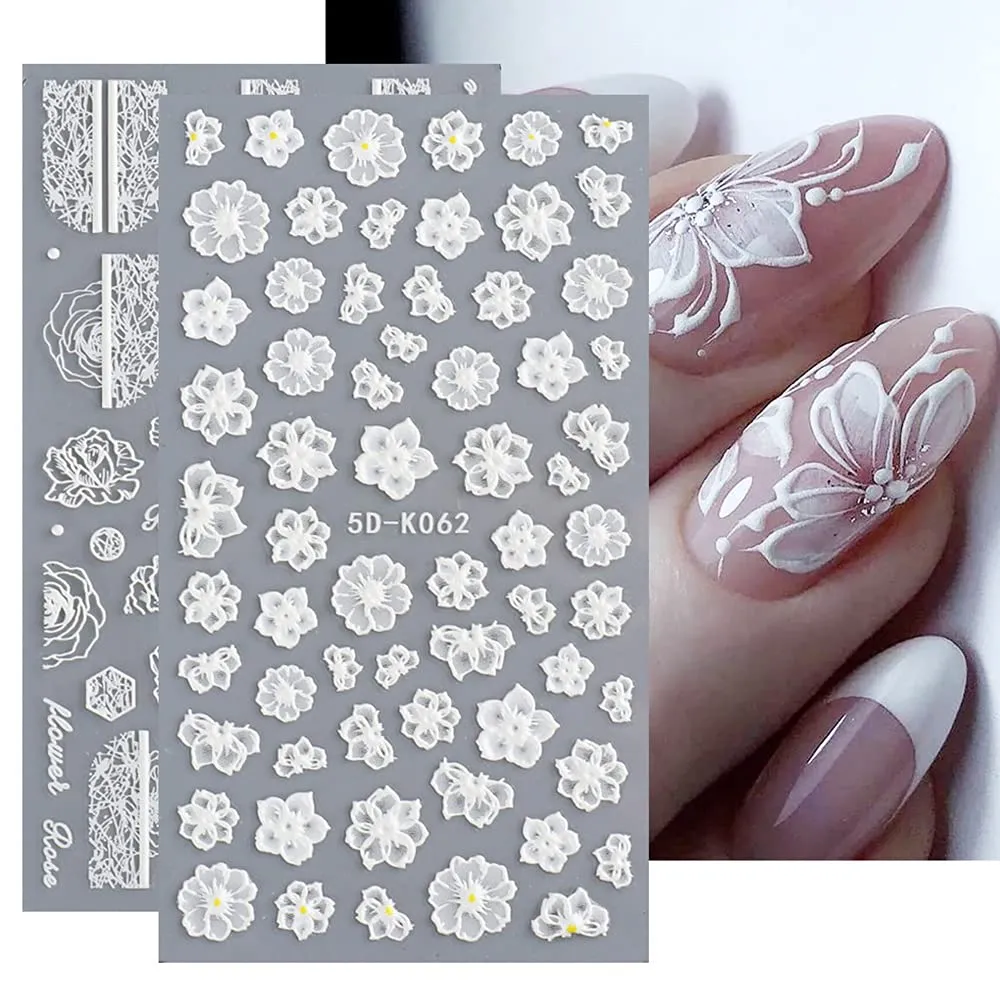 5D Nail Art Stickers Lace Flower Nail Decals Stereoscopic Embossed Designer Nail Stickers Self-Adhesive Nail Art Supplies Sliders 3D Nail Designs for Women Girls Acrylic Nails Decorations (6 Sheets)