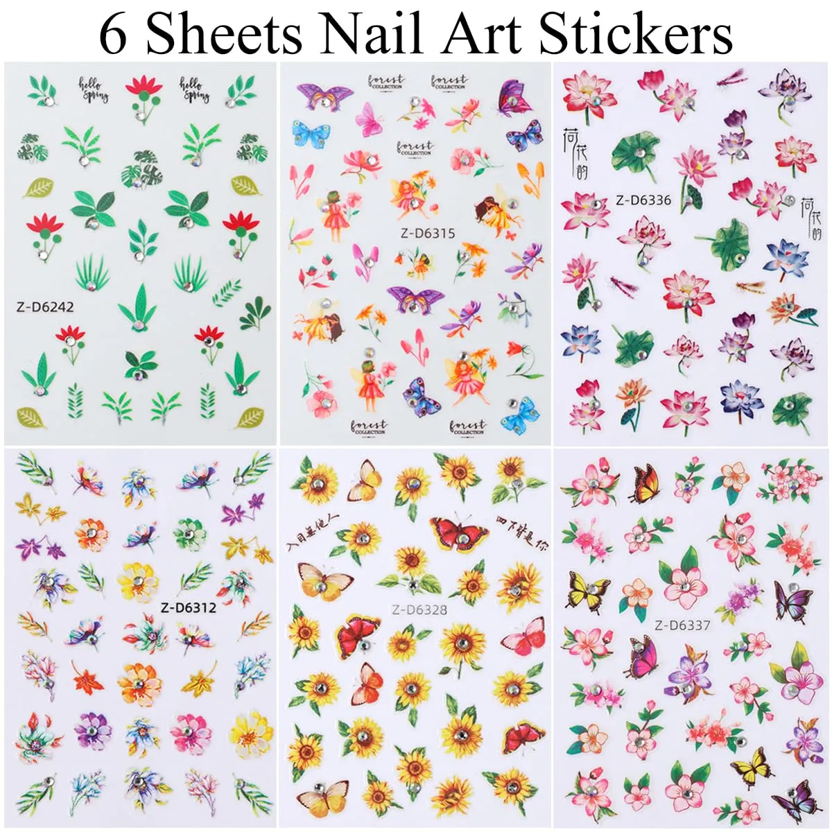 6Pcs 5D Embossed Nail Art Stickers for Spring Flowers Self-Adhesive Nail Supplies Lotus Sunflower Flower Green Leaf Butterfly with Diamonds Shiny Floral Nail Art Design for Women Girls DIY Nails