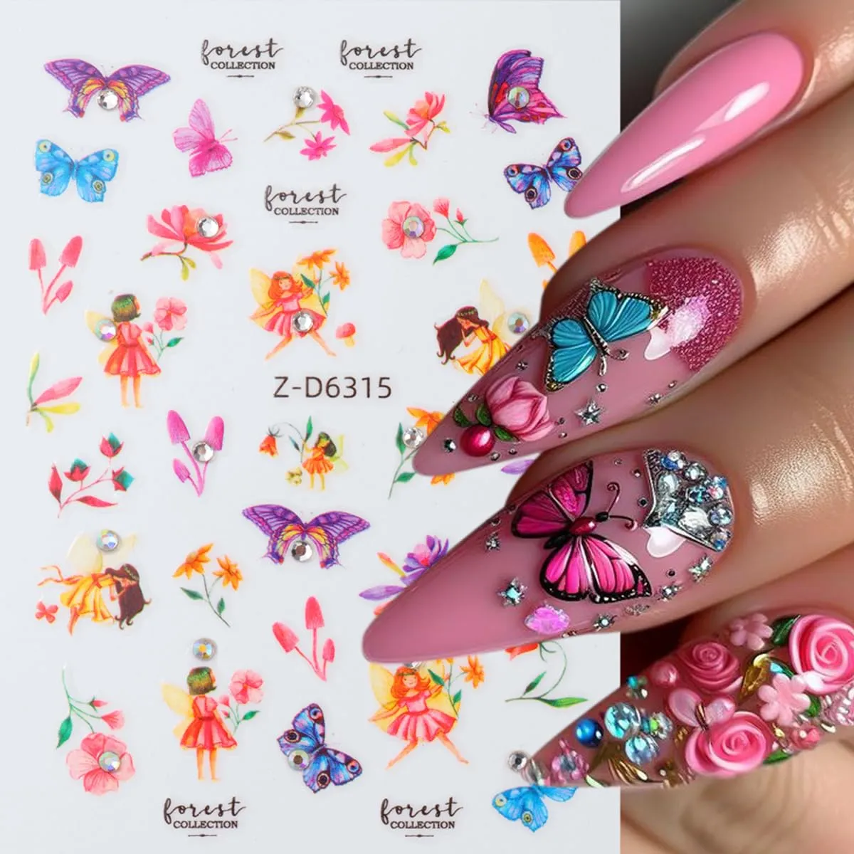6Pcs 5D Embossed Nail Art Stickers for Spring Flowers Self-Adhesive Nail Supplies Lotus Sunflower Flower Green Leaf Butterfly with Diamonds Shiny Floral Nail Art Design for Women Girls DIY Nails