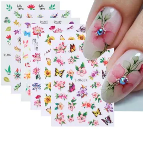 6Pcs 5D Embossed Nail Art Stickers for Spring Flowers Self-Adhesive Nail Supplies Lotus Sunflower Flower Green Leaf Butterfly with Diamonds Shiny Floral Nail Art Design for Women Girls DIY Nails