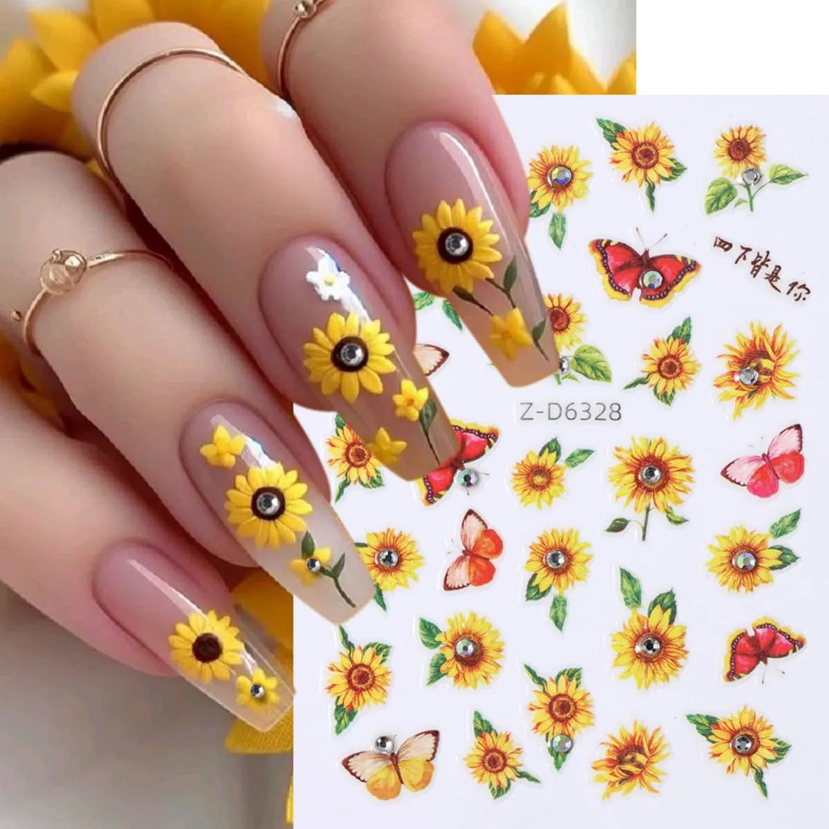 6Pcs 5D Embossed Nail Art Stickers for Spring Flowers Self-Adhesive Nail Supplies Lotus Sunflower Flower Green Leaf Butterfly with Diamonds Shiny Floral Nail Art Design for Women Girls DIY Nails