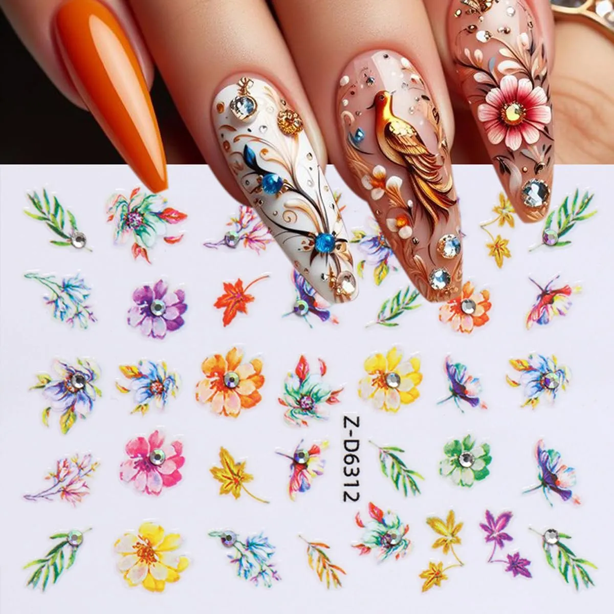 6Pcs 5D Embossed Nail Art Stickers for Spring Flowers Self-Adhesive Nail Supplies Lotus Sunflower Flower Green Leaf Butterfly with Diamonds Shiny Floral Nail Art Design for Women Girls DIY Nails