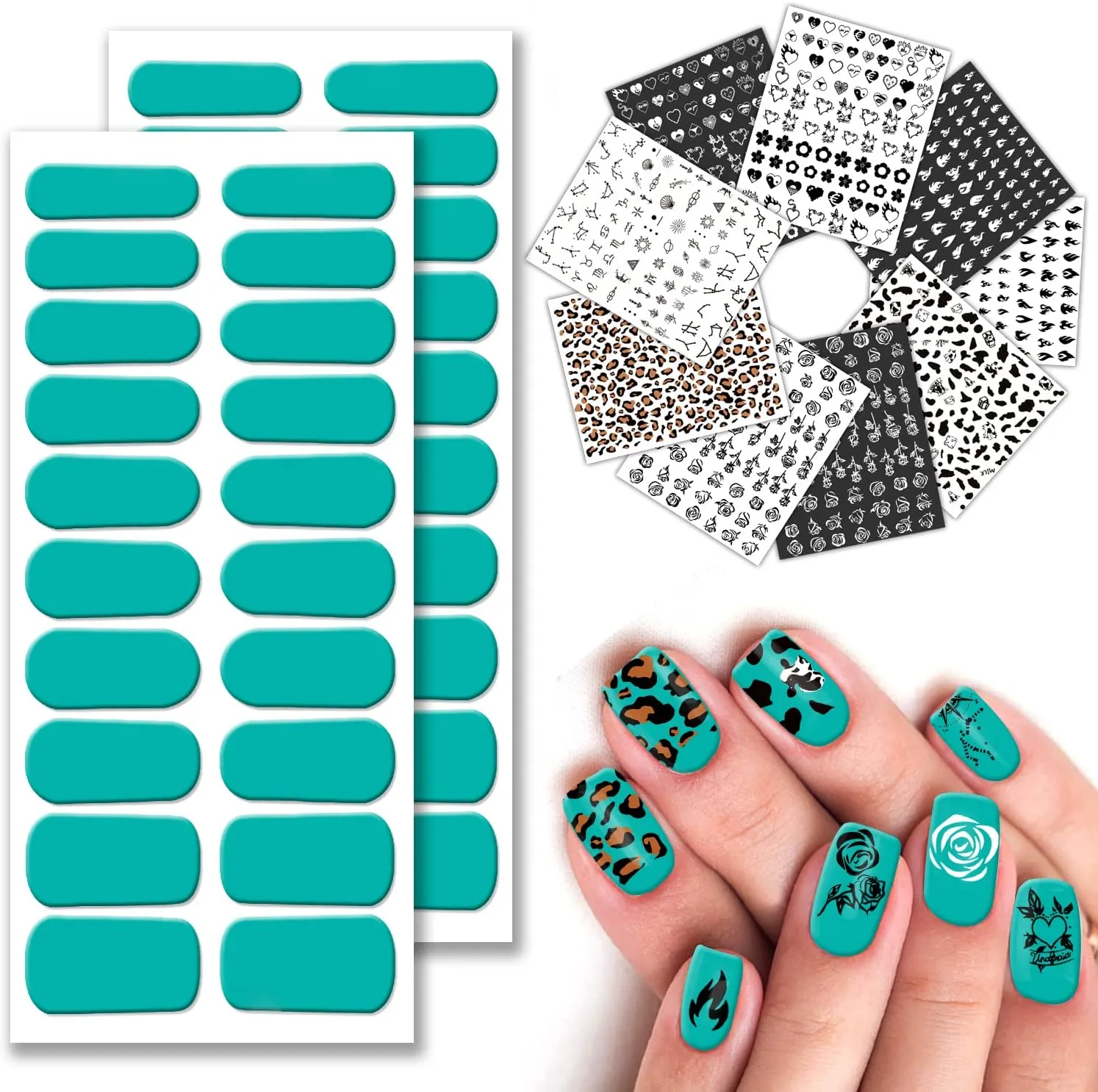 9 Sheets Designer Nail Stickers Decals for Nail Art, 40 Pieces Nail Polish Strips Full Nail Wraps for Women & Little Girls, Self-Adhesive with Tool, Light Cyan