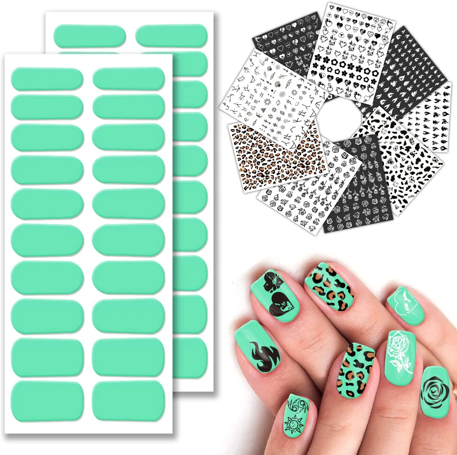 9 Sheets Designer Nail Stickers Decals for Nail Art, 40 Pieces Nail Polish Strips Full Nail Wraps for Women & Little Girls, Self-Adhesive with Tool, Light Cyan