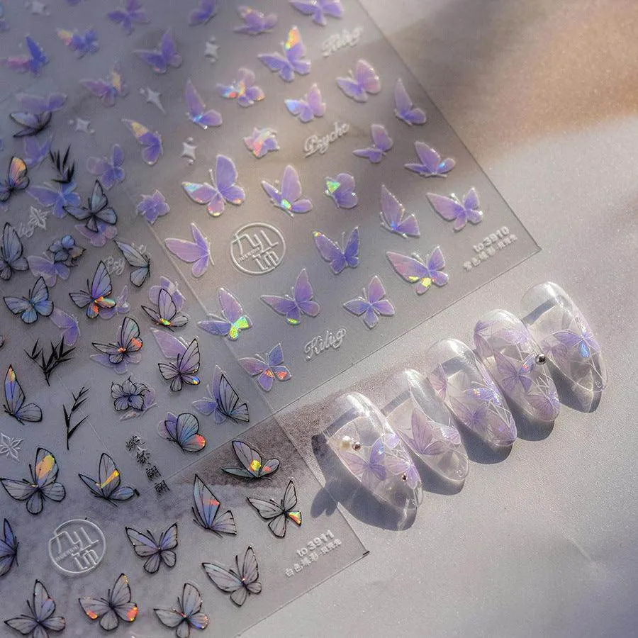 Auroral Shell Light Butterfly Nail Art Stickers Adhesive Embossed Black Butterfly Sticker Decals to3910