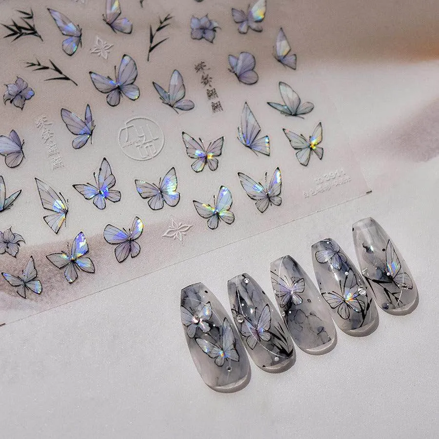 Auroral Shell Light Butterfly Nail Art Stickers Adhesive Embossed Black Butterfly Sticker Decals to3910
