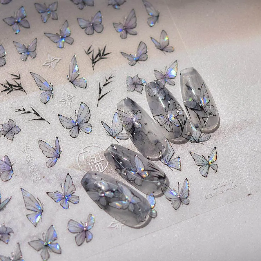 Auroral Shell Light Butterfly Nail Art Stickers Adhesive Embossed Black Butterfly Sticker Decals to3910