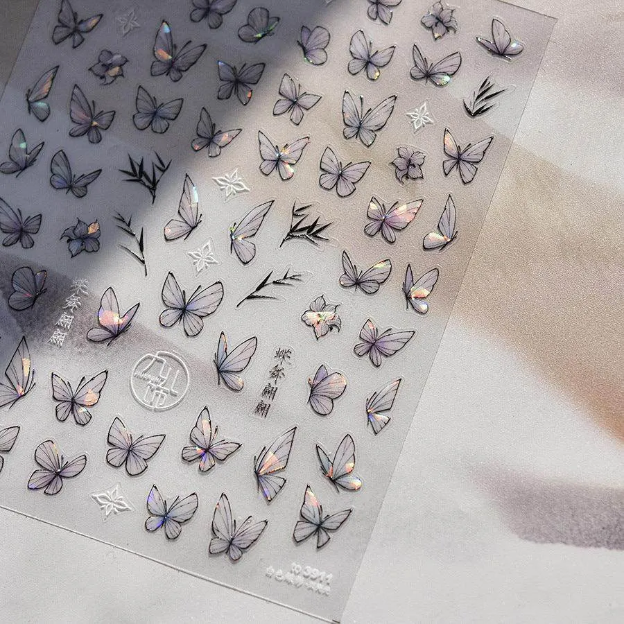 Auroral Shell Light Butterfly Nail Art Stickers Adhesive Embossed Black Butterfly Sticker Decals to3910