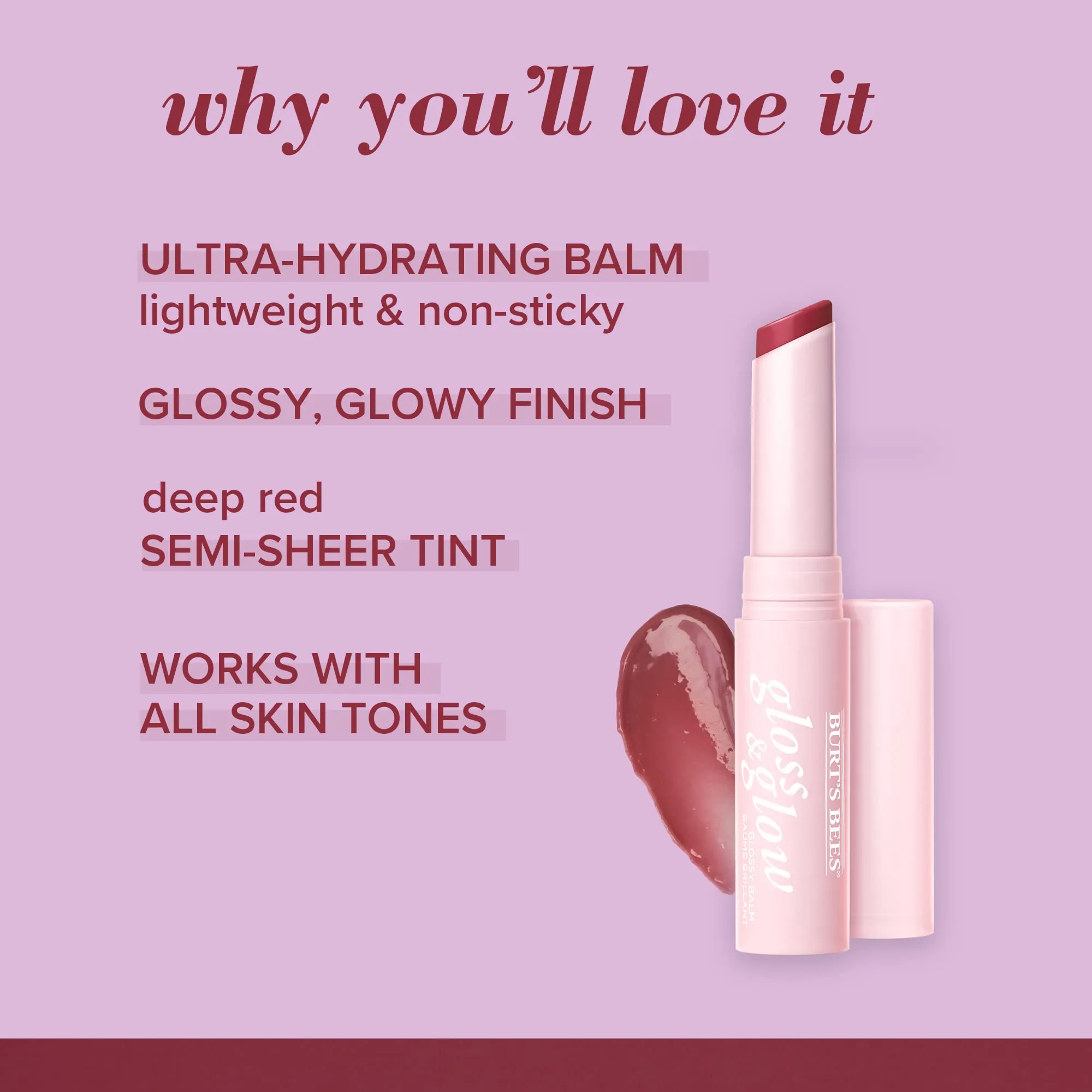 Burt's Bees Gloss and Glow Glossy Balm, 100% Natural Origin, Wine Wednesday, 1 Tube, Red