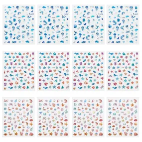 Craspire 12 Sheets 3 Style Waterproof Ocean Theme PET Nail Art Stickers, Self-adhesive, for DIY Nail Decals Design Manicure Decor, Mixed Color, 133x83x0.5mm, 4sheets/style
