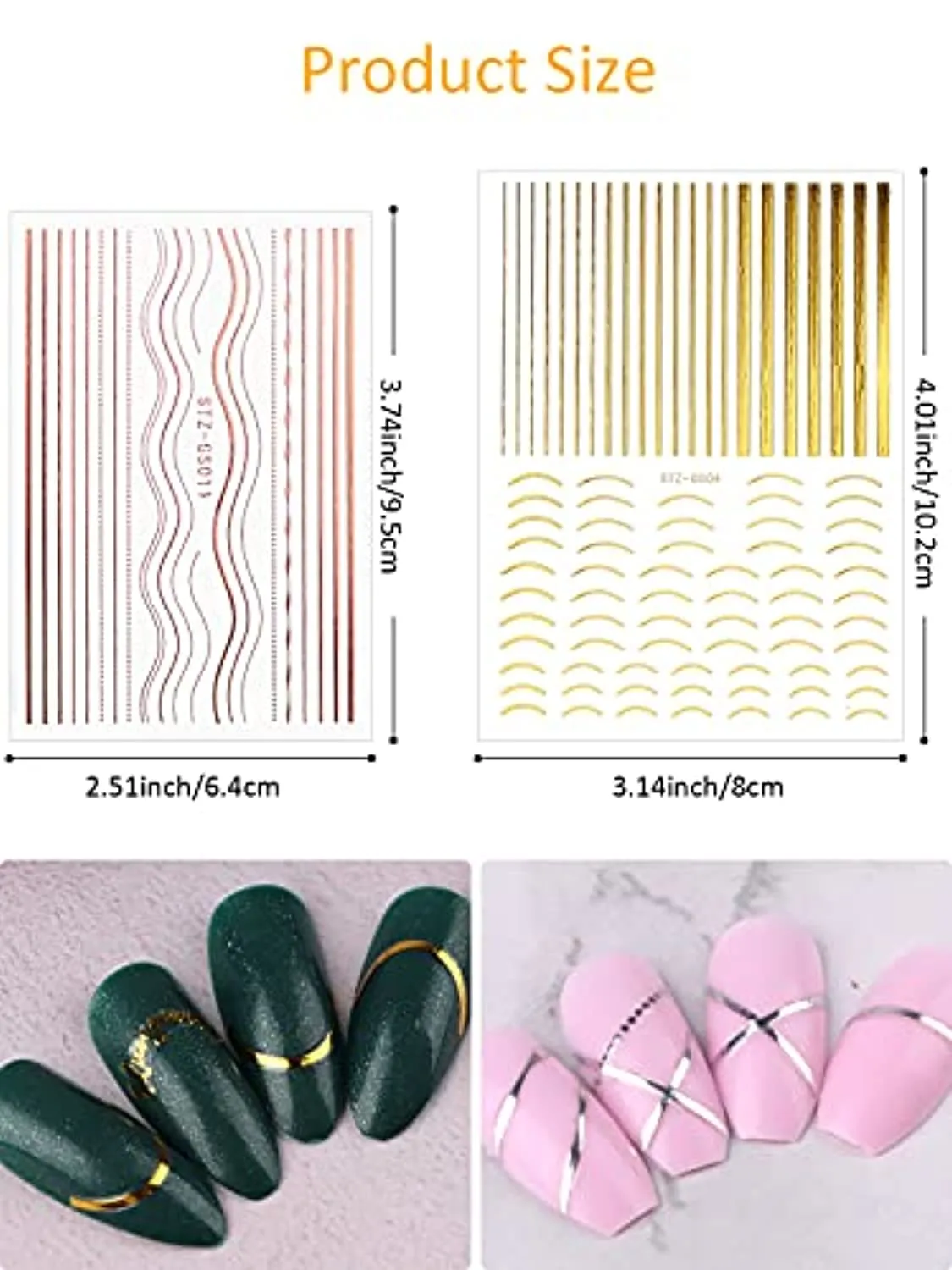 EBANKU 12 Sheets Gold Silver Metal Nail Stickers, Metallic Curve Strip Line Nail Decal Self-Adhesive 3D Wave Design DIY Decoration for Women Girls