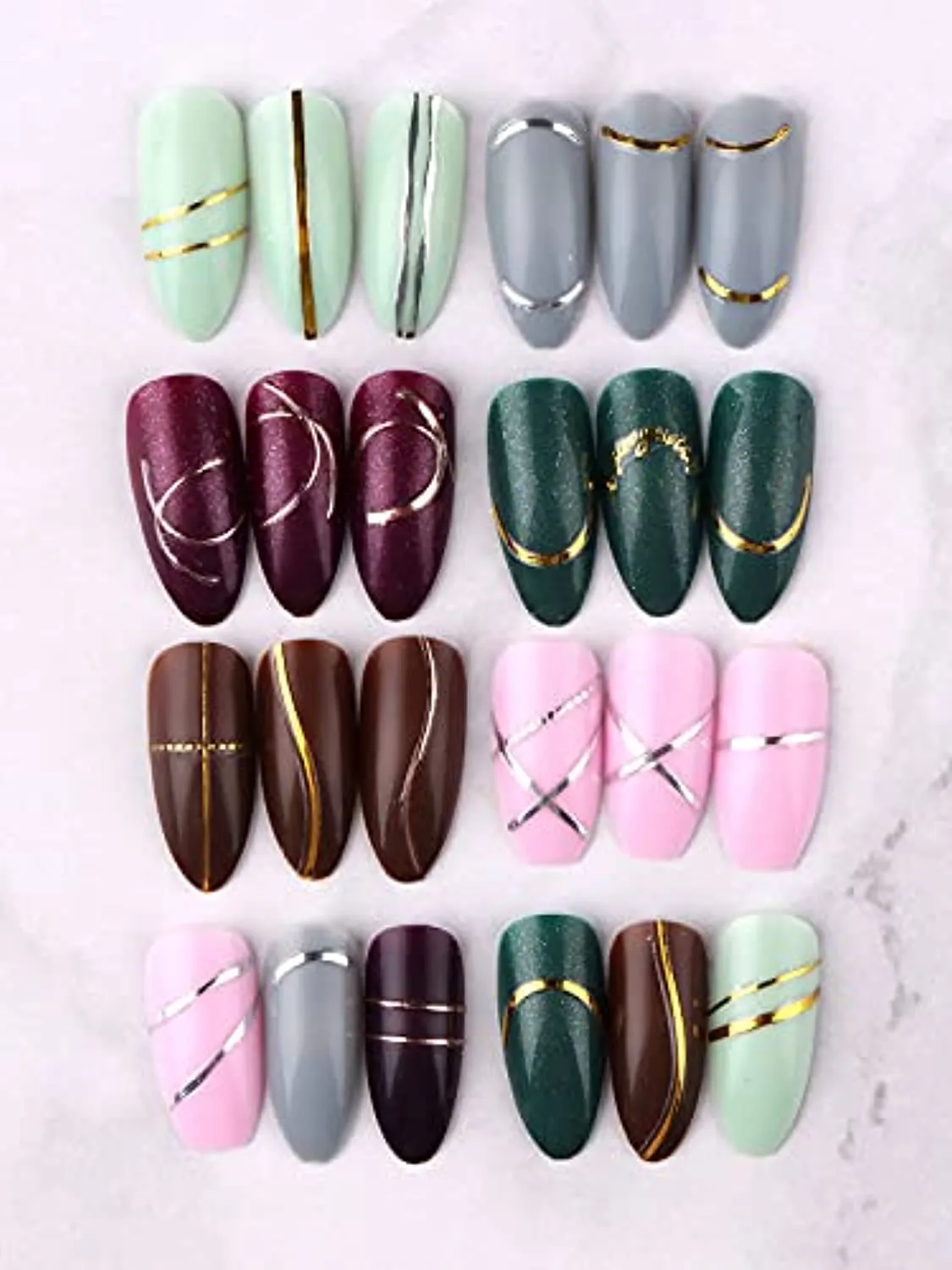 EBANKU 12 Sheets Gold Silver Metal Nail Stickers, Metallic Curve Strip Line Nail Decal Self-Adhesive 3D Wave Design DIY Decoration for Women Girls
