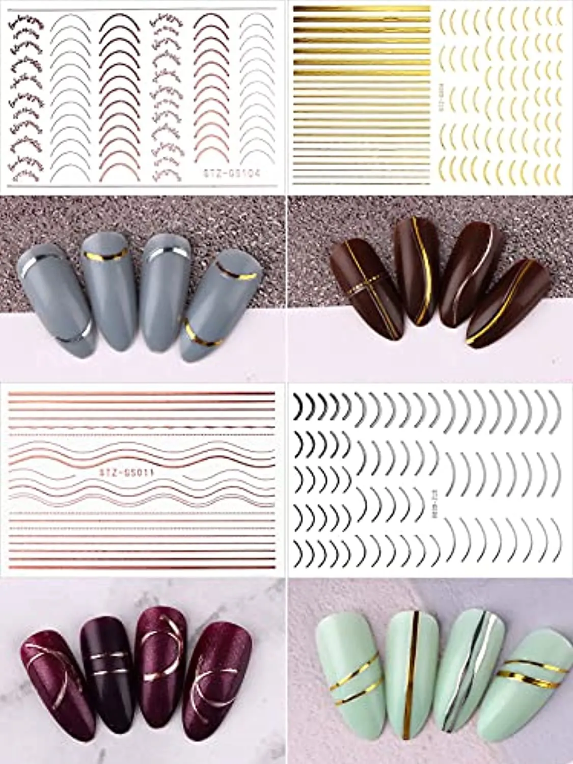 EBANKU 12 Sheets Gold Silver Metal Nail Stickers, Metallic Curve Strip Line Nail Decal Self-Adhesive 3D Wave Design DIY Decoration for Women Girls