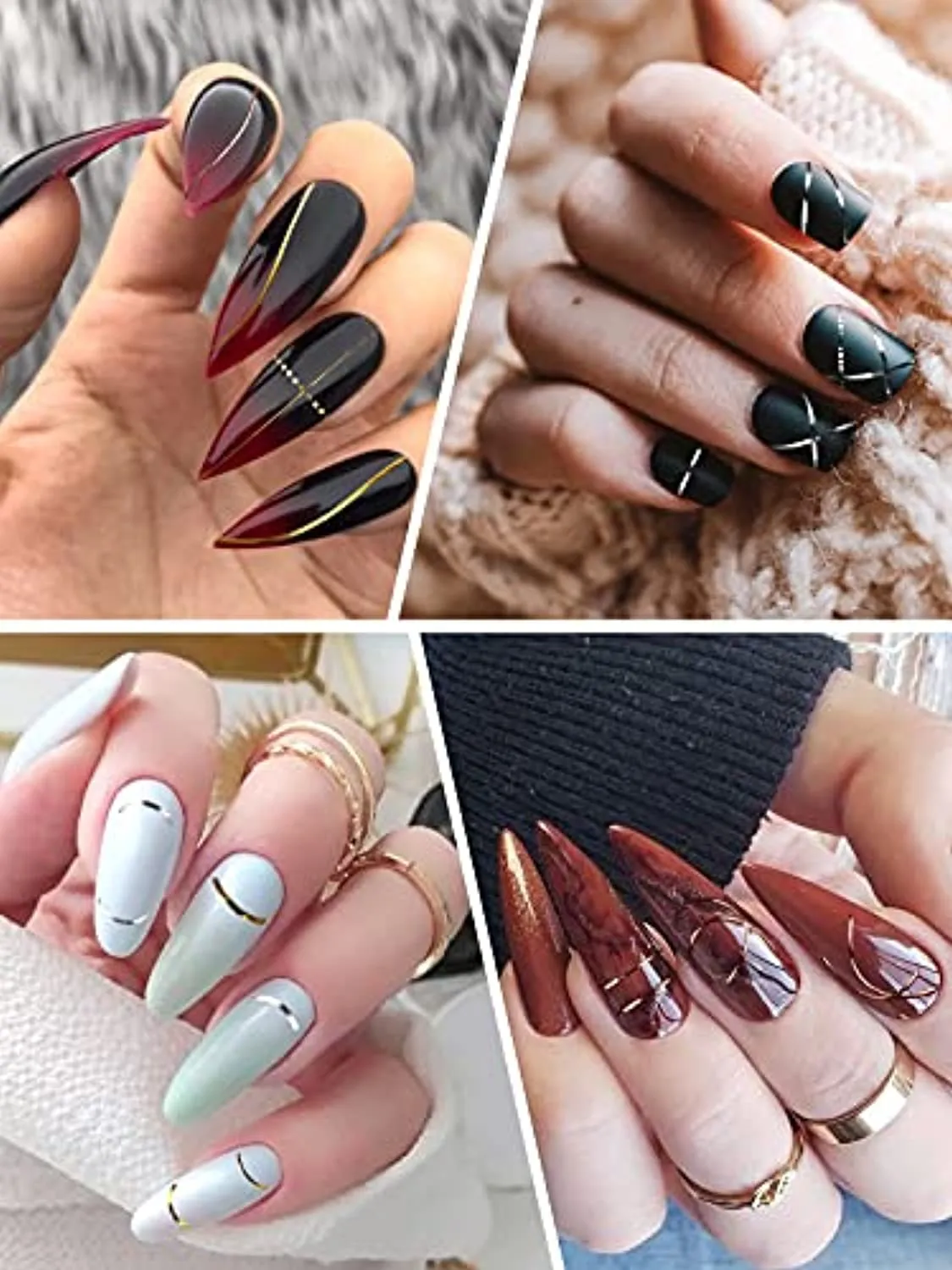 EBANKU 12 Sheets Gold Silver Metal Nail Stickers, Metallic Curve Strip Line Nail Decal Self-Adhesive 3D Wave Design DIY Decoration for Women Girls