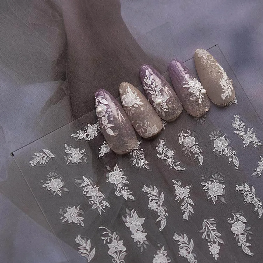 Embossed Flower Lace Nail Art Stickers White Bridal Lace Adhesive Embossed Sticker Decals to4070