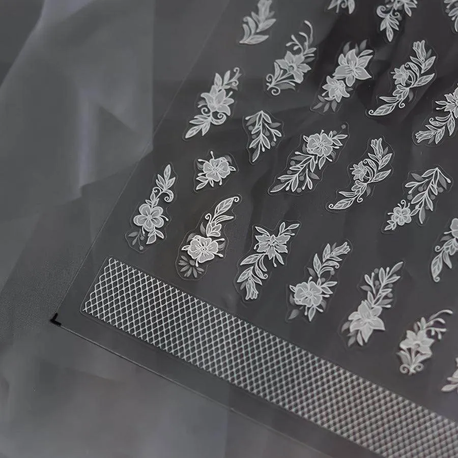 Embossed Flower Lace Nail Art Stickers White Bridal Lace Adhesive Embossed Sticker Decals to4070