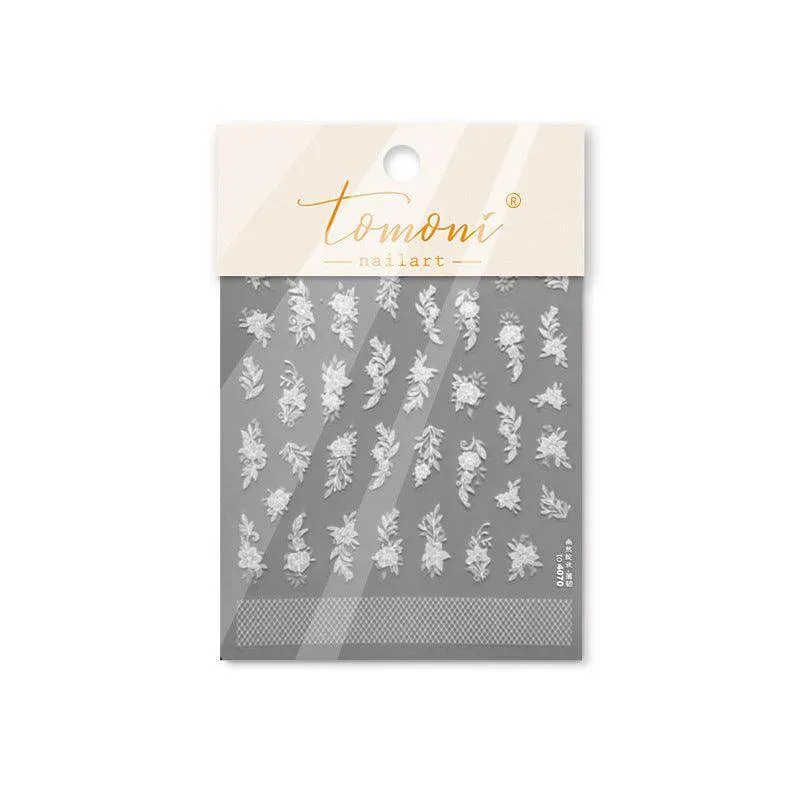 Embossed Flower Lace Nail Art Stickers White Bridal Lace Adhesive Embossed Sticker Decals to4070