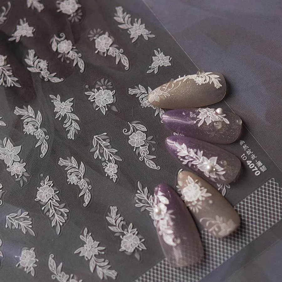 Embossed Flower Lace Nail Art Stickers White Bridal Lace Adhesive Embossed Sticker Decals to4070